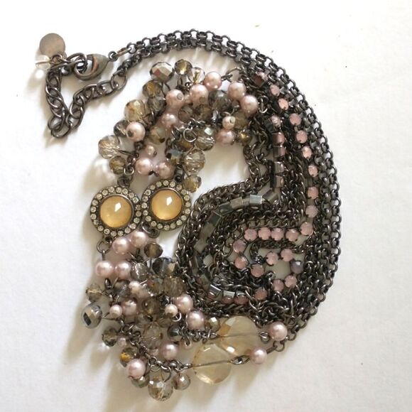 Bohemian Multi Strand Necklace Rhinestones Beaded Gunmetal Simply Vera Wang - Picture 10 of 16